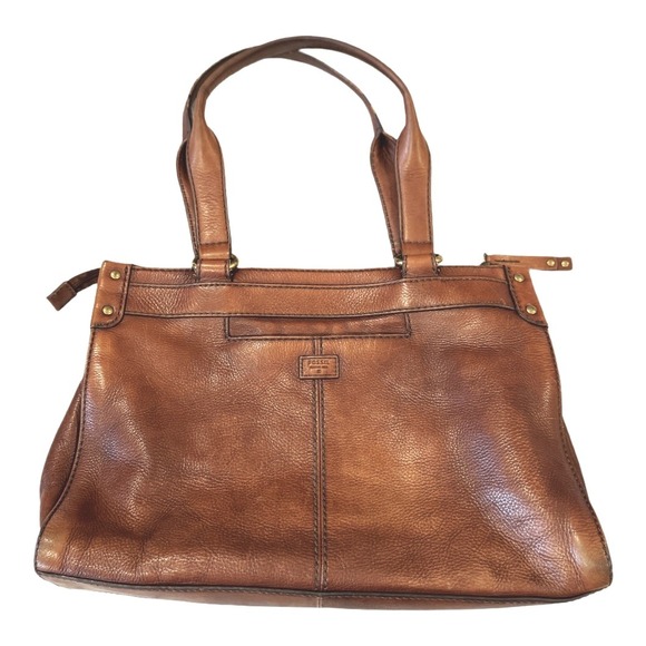 VTG! Authentic Fossil Brown Leather Satchel Shoulder Bag Gold Accent $228 Rustic - Picture 1 of 16